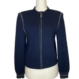 St. John Marie Gray Embellished Santana Knit Zip Up Cardigan Jacket Navy Size 2